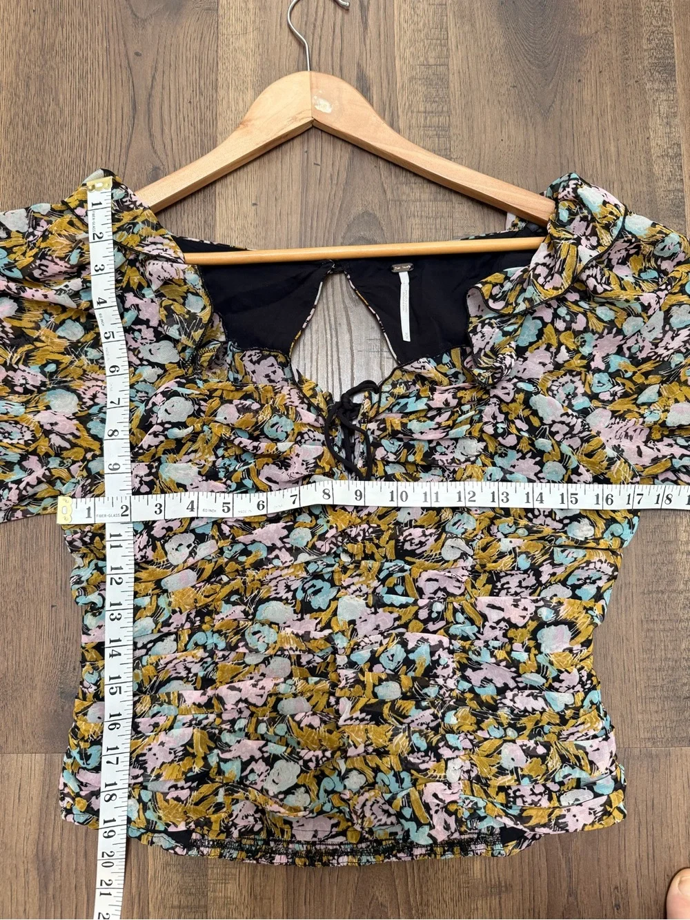 Free People Mabel Printed Blouse Black‎ Multi Floral Ruched Puff Sleeve Medium